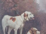 a painting of two dogs in a wooded area
