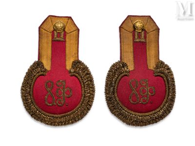 pair of red and gold badges with gold trims on a white background