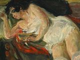 tableau représentant une femme en robe blanche allongée sur un canapé