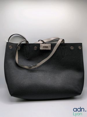 black leather tote bag with silver hardware and strap