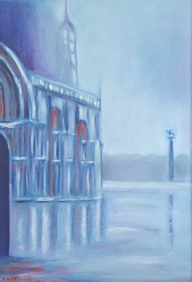 an oil painting of a building with a clock tower in the background