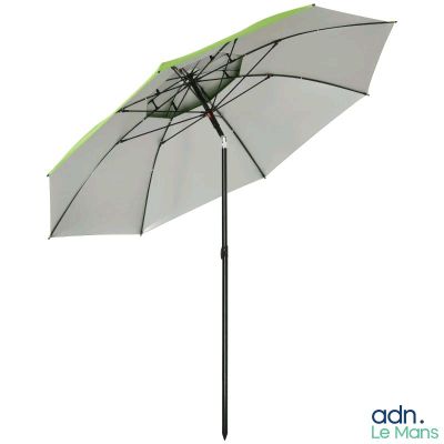 un parapluie blanc muni d'un manche vert fixé à une tige