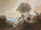 peinture d'un paysage avec une rivière et un château au loin