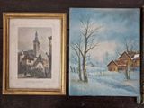 two paintings of a church and a church in a snowy landscape