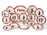 a lot of plates that have pictures of people on them