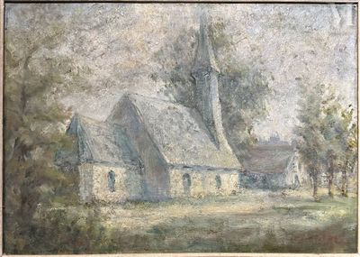 une vieille peinture représentant une église dans un champ, avec des arbres en arrière-plan
