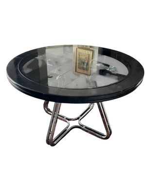 Table de milieu ronde, plateau en verre fumé et piètement tu…
