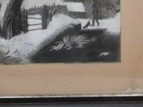 drawing of a man walking in the snow with a dog on a leash