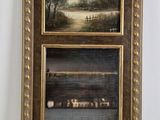 two framed paintings of a landscape with a river in the background