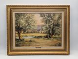 a painting of a landscape with trees and a river