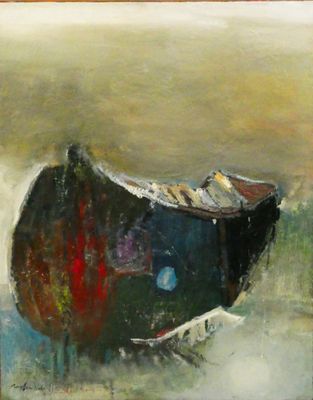 a painting of a boat that is in the water