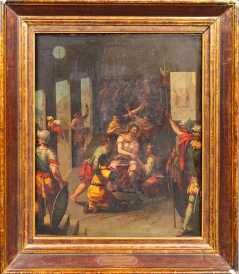 une peinture à l'huile représentant un tableau dans lequel on voit un homme sortir d'un bâtiment