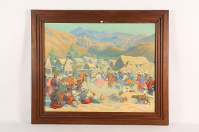 painting of a painting of people in a village with mountains in the background