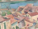 an image of a painting of a city with a river in the background