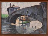 an oil painting of a bridge over a river with a boat in it