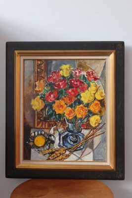 une peinture de fleurs dans un vase sur une table