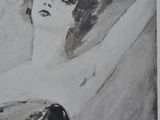 painting of a woman in a black and white dress with her arms behind her head