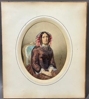an old picture of a woman in a brown dress sitting on a chair