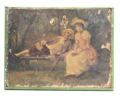 a painting of two people sitting on a bench