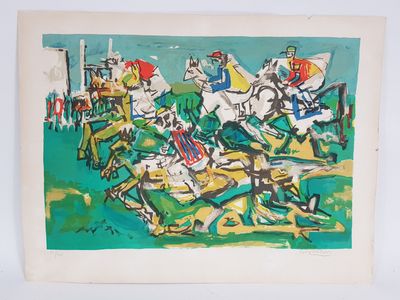 an image of a painting of a horse race with jockeys and horses