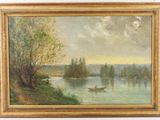 an oil painting of a river scene with a boat in the water
