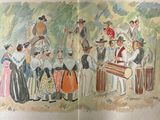a drawing of a group of people standing in front of a crowd