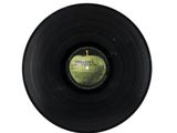 a black vinyl record with a green apple in the middle