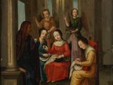 an oil painting of a group of people in a room