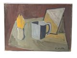 un tableau représentant une tasse à café et un vase posés sur une table