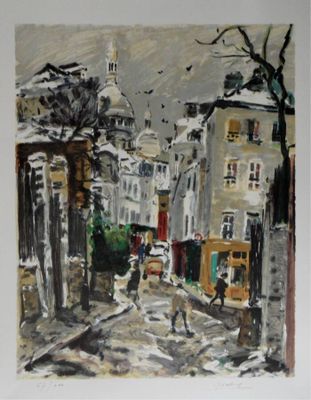 an image of a painting of a street scene with a person walking