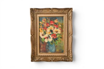 a painting of flowers in a vase on the wall