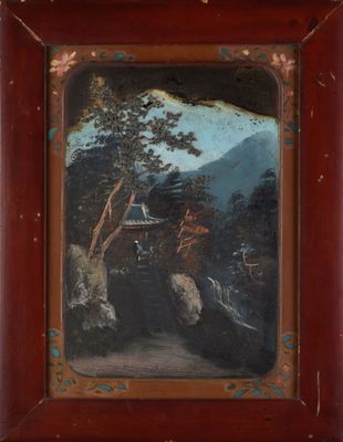 an oil painting of a mountain scene with a pagoda in the distance