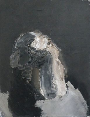 une peinture à l'huile représentant une femme en robe blanche sur fond noir