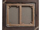 an old picture frame with two pieces of wood and a piece of fabric