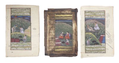 two pages of a book with a painting of a man and a woman in a landscape