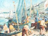 a painting of a group of people on a dock