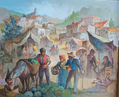 un tableau représentant un groupe de personnes et de chevaux dans une ville