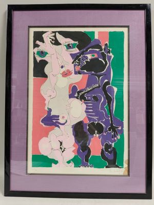tableau représentant une femme et un homme avec une guitare devant un fond rose, vert et violet