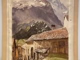 une image représentant un tableau d'un village avec des montagnes en arrière-plan