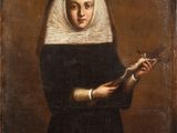 an old painting of a woman in a black dress holding a pair of scissors