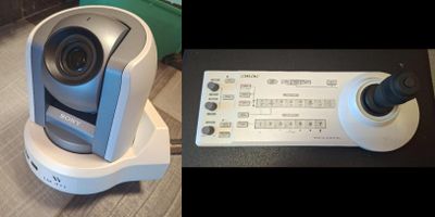 two pictures of a camera that is sitting on a table