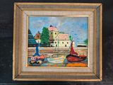 a picture of a painting of boats on the water