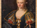 an old painting of a woman in a blue dress and gold trim