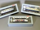 trois trains miniatures posés dans une boîte sur une table