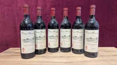 six bottles of red wine are lined up on a wooden table