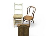 three chairs and a cabinet are sitting next to each other on a white surface