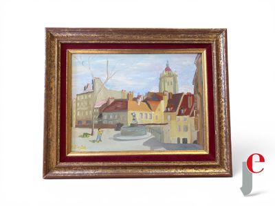 une image représentant un tableau d'une ville avec une fontaine en son centre