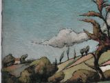a painting of a tree on a hill with a house in the background