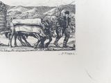 a black and white drawing of a man plowing a field with two oxen