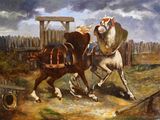 a painting of a man on a horse pulling a cart